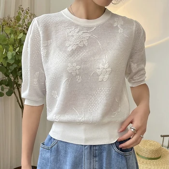 Pavasarī un vasarā sieviešu ikdienas tīrtoņa krāsu apaļu kakla īsām piedurknēm žakarda loose knit T-krekls