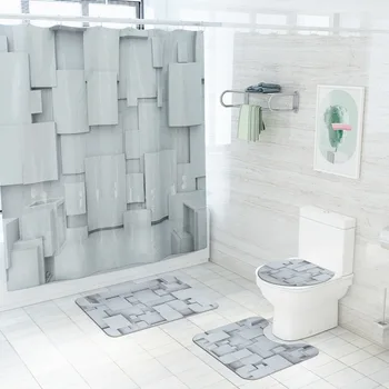 Vannas Paklājiņš un Ūdensizturīgs Dušas Aizkaru Komplekts 3D Svītras Drukāšanas Vannas istabas Paklājs, Paklājs Flaneļa U-Veida Tualetes Paklājs neslīdošs Kāju Paklājiņš
