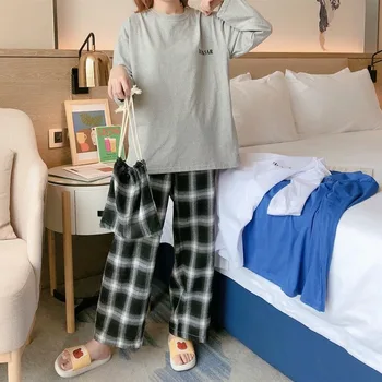 Pleds Bikses Mājas Drēbes Sievietēm Sleepwear Uzstādīt Avokado Pidžamu Sieviešu Kokvilnas Pijamas Mujer Pavasarī un Autum Sieviešu Pidžamas