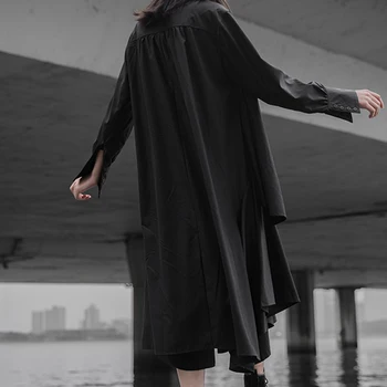 [EAM] Sieviešu Black Ruffles Kroku vienkrāsainu Kleitu Jaunu Atloks ar garām Piedurknēm Loose Fit Modes Jūra Pavasara Rudens ir 2021. 1DD6189
