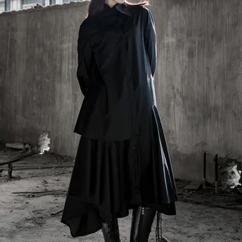 [EAM] Sieviešu Black Ruffles Kroku vienkrāsainu Kleitu Jaunu Atloks ar garām Piedurknēm Loose Fit Modes Jūra Pavasara Rudens ir 2021. 1DD6189