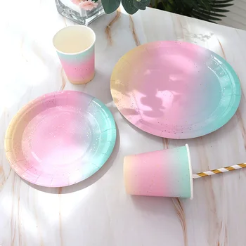 Gradientu, krāsu un vienreiz lietojamo trauku komplekts banketa galda dekorēšana papīra tases vakariņas plāksnes salmu kāzas, dzimšanas dienas svinības piegādēm