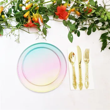 Gradientu, krāsu un vienreiz lietojamo trauku komplekts banketa galda dekorēšana papīra tases vakariņas plāksnes salmu kāzas, dzimšanas dienas svinības piegādēm