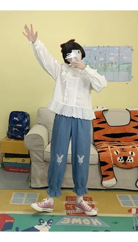 Pavasara Japānas trusis izšuvumi elastīga vidukļa džinsus studente, maiga meitene mežģīņu bikses