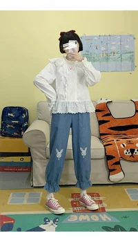 Pavasara Japānas trusis izšuvumi elastīga vidukļa džinsus studente, maiga meitene mežģīņu bikses