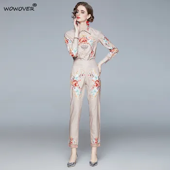 Pavasara Sievietes Skrejceļa Divas Gabals, kas Ir 2021. Jauno Dizaineru Ziedu Vainagu Drukāt Blūze un Bikses, Uzvalks Vintage Darba Apģērbs