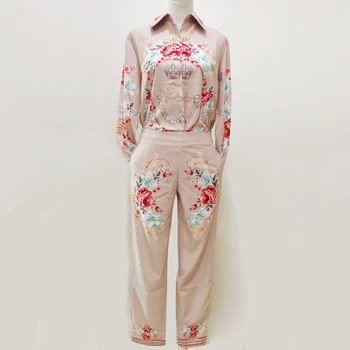 Pavasara Sievietes Skrejceļa Divas Gabals, kas Ir 2021. Jauno Dizaineru Ziedu Vainagu Drukāt Blūze un Bikses, Uzvalks Vintage Darba Apģērbs