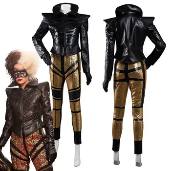 Ir 2021. Filmu Cruella Cosplay Kostīms, Mētelis+Bikses Tērpi Halloween Karnevāla Tērps Lokomotīvju Drēbes