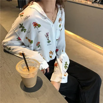 Ziedu Drukāt Blūze Sievietēm korejas Modes Krekls Ikdienas Krekls ar garām Piedurknēm, Sieviešu Cute Topi un Blūzes