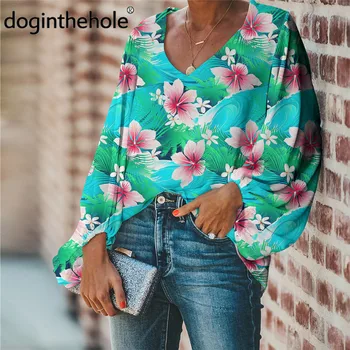 Doginthehole 2021. Gada Pavasara Sievietes Ikdienas Streetwear Modes Šifona Blūze Tropu Ziedu Drukāt Garām Piedurknēm Tunika Topi Brīvs