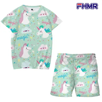Meitenes 3 D Vienradzis Drukāt Bērni noteikts Vasaras Poliestera Ērti Cartoon Kids Gudrs Unicorn T-krekls+Bikses 2-Gabals Lielgabarīta Pidžamas