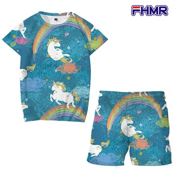 Meitenes 3 D Vienradzis Drukāt Bērni noteikts Vasaras Poliestera Ērti Cartoon Kids Gudrs Unicorn T-krekls+Bikses 2-Gabals Lielgabarīta Pidžamas