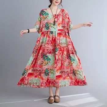 Ar īsām piedurknēm vintage kokvilnas ziedu kleitas sievietēm gadījuma zaudēt ilgi sievietes vasaras kleita elegants apģērbs ir 2021.