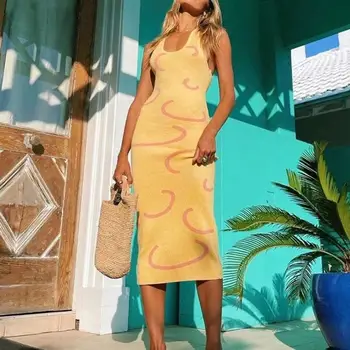 Vasaras Drēbes, Kleitas sievietēm ir 2021. Dzeltena Pavada Kakla Trikotāžas Bodycon Kleita Sexy Puse bez Piedurknēm Backless Midi Kleita