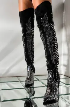 EMMA KARALIS Modes sieviešu kristālu dekoru Melni Zābaki ar augstu papēdi Norādīja Toe Rāvējslēdzēju Līdz Catwalk Zābaki Sieviešu Dizaina Kurpes 2020
