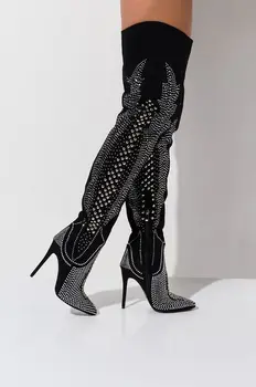 EMMA KARALIS Modes sieviešu kristālu dekoru Melni Zābaki ar augstu papēdi Norādīja Toe Rāvējslēdzēju Līdz Catwalk Zābaki Sieviešu Dizaina Kurpes 2020