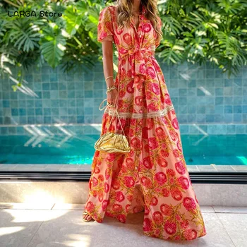 Ir 2021. Sievietēm Īsā Puff Piedurknēm Ziedu Drukāt Slaids Viduklis Sen Maxi Kleitu Modes Bohēmietis Dress Eleganta Kleita