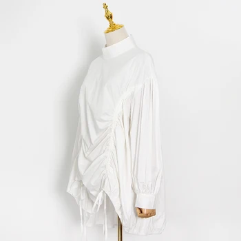 TWOTWINSTYLE Balts Ruched Aukliņu Krekls Sievietēm Stand Apkakli, garām Piedurknēm Zaudēt Ikdienas Blūze Sieviešu Modes Jaunas Drēbes