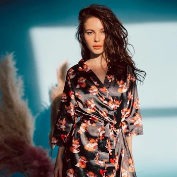 Fox Pidžamu Modelis Sieviešu Drānās Ar Vērtnes Drukāt Trīs Ceturtdaļu Piedurknēm Sexy Drēbes Satīna V-Veida Kakla Elegants Nakts Sleepwear