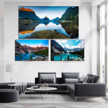 Ainavu eļļas glezna kalnu mežu zilu ezera ūdeni mākslas audekls gleznošanai dzīvojamo istabu, koridora biroja mājas sienu apdare