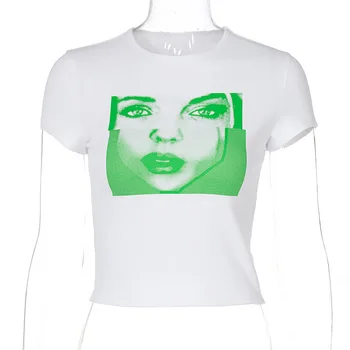 Duena Y2K Vasaras Ražas T Krekls Baltā Grafiskais Retro 2021 Sieviešu Streetwear Slim Apaļu Kakla Kaklasaiti Krāsošanas Tee Krekli