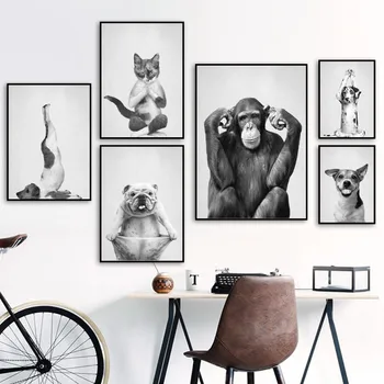 Sienas melnā un baltā deja, joga kaķis, suns, suns, pērtiķis mērkaķis Ziemeļvalstu plakāti un izdrukas dzīves telpu dekorēšana krāsošana sienas