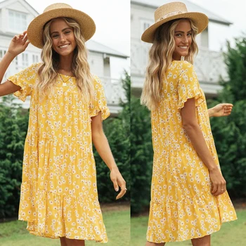 Vasaras Ziedu Drukāt Gadījuma Kleita Sievietēm Īstermiņa piedurknēm O-veida Kakla Zaudēt Savirmot Mini Kleitas, Sieviešu 2021 Modes Dzeltena Kleita Sievietei