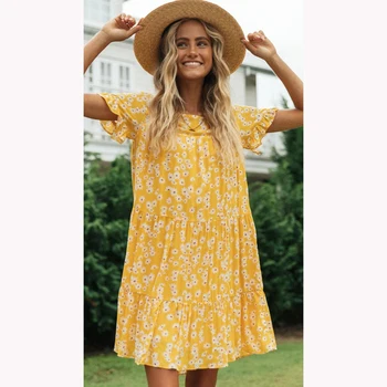 Vasaras Ziedu Drukāt Gadījuma Kleita Sievietēm Īstermiņa piedurknēm O-veida Kakla Zaudēt Savirmot Mini Kleitas, Sieviešu 2021 Modes Dzeltena Kleita Sievietei