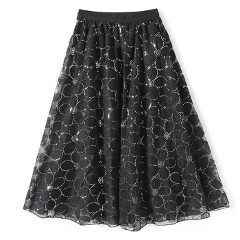Faldas Harajuku para mujer, faldas Kawaii de cintura elástica, florales, Jarquard, lentejuelas, mediju falda larga de malla P82