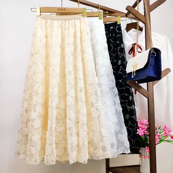 Faldas Harajuku para mujer, faldas Kawaii de cintura elástica, florales, Jarquard, lentejuelas, mediju falda larga de malla P82