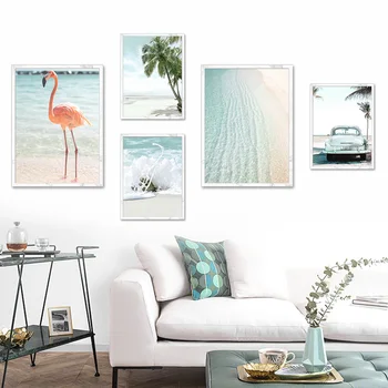 Flamingo Beach Palm Vējdēlis Auto Okeāna Sienas Mākslas Audekls Gleznošanai Ziemeļvalstu Plakāti Un Izdrukas Sienas, Attēlus Dzīvojamā Istaba Dekori