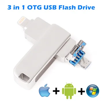 Metāla Pendrive USB 3.0 16GB 32GB 64GB, 128GB OTG USB Flash Drive iphone12/11/X/9/8/7/6/5S U diska zibens/Andriod/GAB