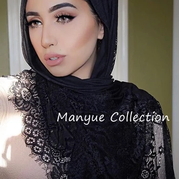 MANYUE-CO Kokvilnas, Viskozes Maxi Šalle Mežģīnes Hijab Ziedu Mežģīnes Nozaga Foulard Sieviešu Garo Lakatu Wrap Musulmaņu Galvas Lakatus Hijabs Islāmu