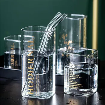 Šiks Kvadrātveida Stikla Krūze Radošo Zelta Burtu Drukāšanas Brokastis, Piens Kafija Kausa Crystal Caurspīdīga Karstumizturīga Drinkware Dāvanu