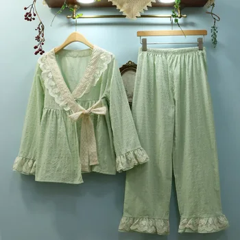 Vintage Mežģīņu Kokvilnas Sieviešu Pidžamas Komplekti Pavasara Rudens Jauki Meitenes Kimono Nakts Tērpi Zaudēt Nighty