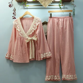 Vintage Mežģīņu Kokvilnas Sieviešu Pidžamas Komplekti Pavasara Rudens Jauki Meitenes Kimono Nakts Tērpi Zaudēt Nighty