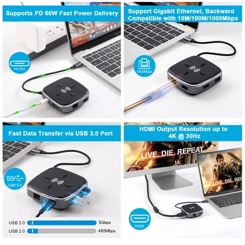 Tjtak USB C Hub Daudzfunkcionāls Veids-C dokstacija 9 1 ar 10W Bezvadu Lādētāju RJ45+HDMI 4K+3xUSB3.0+PD+SD/TF Kartes