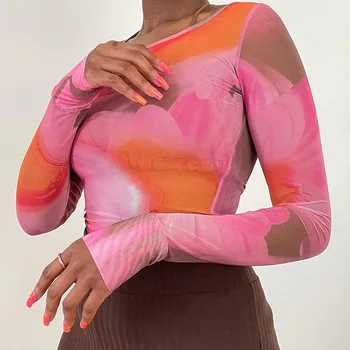 Y2K Kaklasaites Krāsu Drukas Kultūru Augšējā Acu Milzīgais Redzēt Cauri garām Piedurknēm T-krekls Sievietēm Vasarā Sviedri Tee E-meitene Estētisko Streetwear