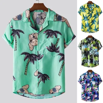 Vasaras Vīriešu Modes Gadījuma Pludmales Stilu Iespiesti Hawaii Brīvdienas ar Īsām Piedurknēm Krekls Savukārt Apkakle Blūzes Topi Camisa Homme#g3