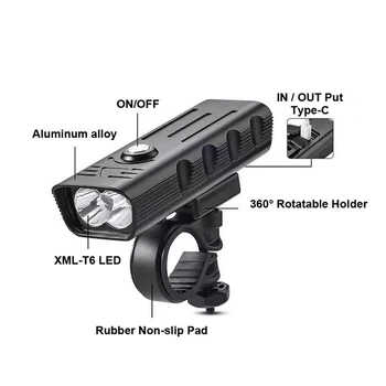 Velosipēdu Lukturu 10000mAh USB Lādējamu 3000 Lūmeni Ar C Tipa Kabeli Priekšējā Atpakaļ Aizmugurējās LED Gaismas, Super Spilgti Velosipēdu Galvas Gaismas