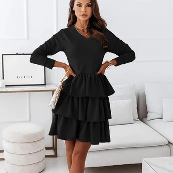 Modes garām Piedurknēm N-kakla Ruffles Mini Kleita Sievietēm Ir 2021. Rudens Ikdienas Biroja Melnās Dāmas Kleitas Sieviete Drēbes Femme