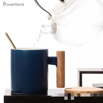 Liela Keramikas Krūze Kafijas Krūzes Tējas Krūze Coffeeware ar Koka Rokturi Kafijas Tasi Taisni Cilindrisku Ūdens Tasi Krūzi Kafijas Tases