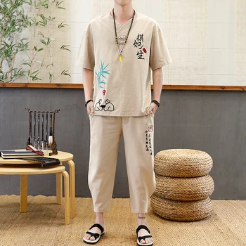 Ķīniešu Stilā Vasaras Vīriešu Veļa Tang Uzvalks Zaudēt Īsām Piedurknēm T-krekls+Elsas Apģērbu Komplekts Austrumu Kung Fu Kostīmi Vīriešu izšūšana