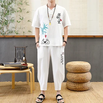 Ķīniešu Stilā Vasaras Vīriešu Veļa Tang Uzvalks Zaudēt Īsām Piedurknēm T-krekls+Elsas Apģērbu Komplekts Austrumu Kung Fu Kostīmi Vīriešu izšūšana