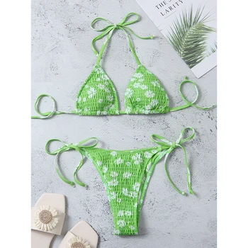 Sexy trīsstūris mikro bikini ir 2021. Green print peldkostīms sievietēm String zems viduklis peldkostīmi Backless pludmali, valkāt Plus lieluma peldkostīms