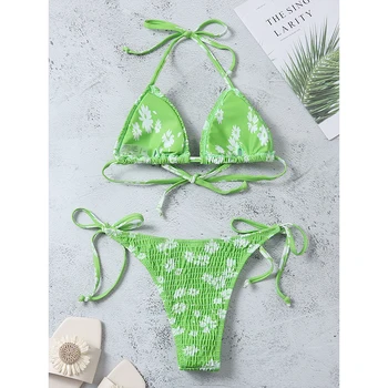 Sexy trīsstūris mikro bikini ir 2021. Green print peldkostīms sievietēm String zems viduklis peldkostīmi Backless pludmali, valkāt Plus lieluma peldkostīms