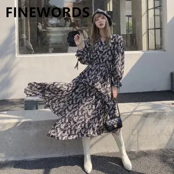 FINEWORDS 2021. gada Pavasarī Melna Šifona Kleita ar garām Piedurknēm, Elegants Ziedu Kleitu ar V veida Kakla Plus Lieluma Gadījuma Pusei korejiešu Vintage Kleitas