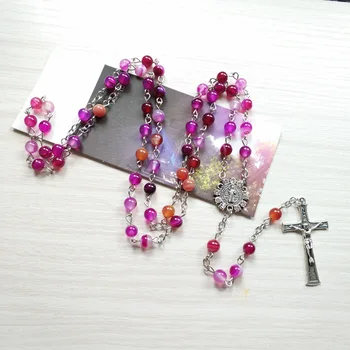 QIGO Violeta Akmens Ar Rožukroņi Jēzus Krusta Rožukroni Kaklarota Ilgi Katoļu Lūdzieties, Rotaslietas