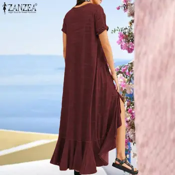 ZANZEA Sieviešu Vasaras Sundress Elegants Asimetrisks Maxi Kleita Gadījuma Īsām Piedurknēm Kokvilnas Vestidos Cieta Mantija Femme