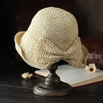 Dāmas Personalizētu Priekšgala Mezgls Salmu Cepure Dobi Salokāmi Ar Rokām Austi Temperaments Literatūras Saules Cepure